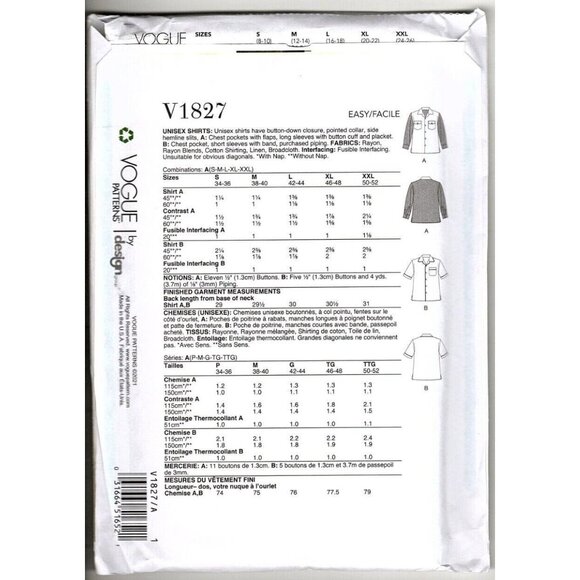 Vogue V1827 Unisex XS to XXL Adult Button Front Shirts Uncut Sewing Pattern - Picture 2 of 2